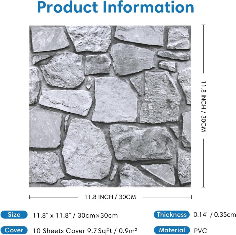 COMSTICKC 3D Faux Stone Wall Panel Peel and Stick Wall Tiles, 10 Pcs of 12"X12", Ultra-Light Thin PVC Rock Adhesive Fake Stone Paneling Backsplash Interior Decor (Gray Rock-2) - Image 4